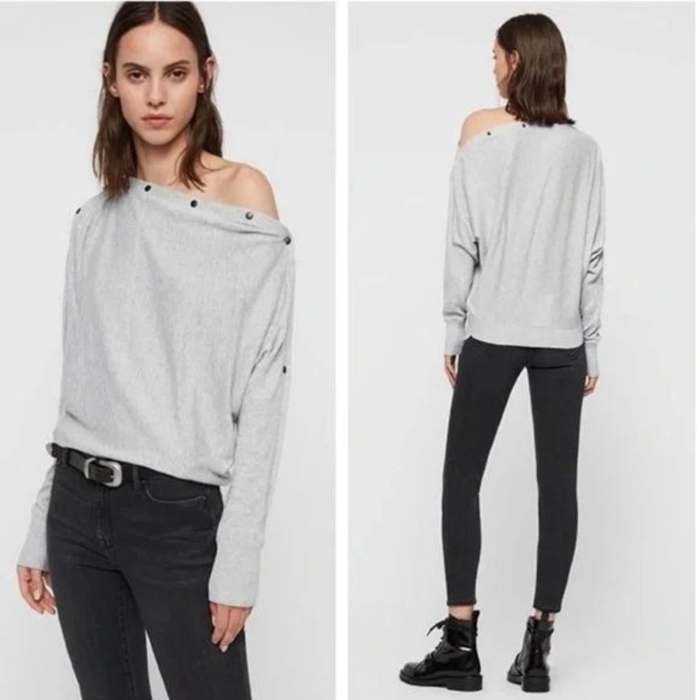 All Saints Gray Off-Shoulder Sweater